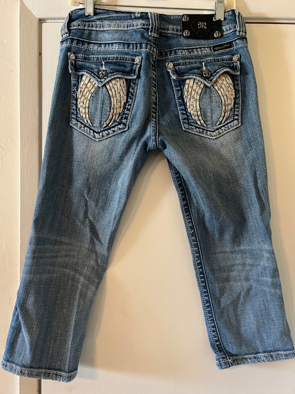 Miss Me Medium Blue Bootcut Capri Jeans with Embroidered Wing Pockets